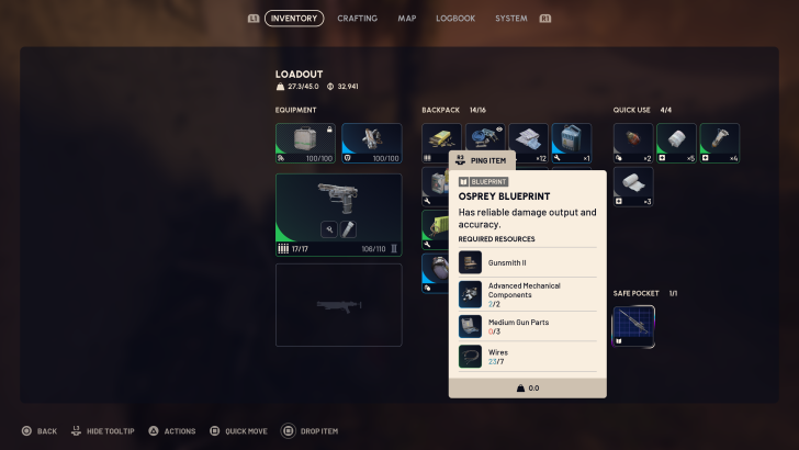 The image shows an in-game inventory screen from a game, displaying a player's loadout, equipment, and backpack items, with a tooltip for an 'Osprey Blueprint' listing required resources including 'Gunsmith II,' 'Advanced Mechanical Components,' 'Medium Gun Parts,' and 'Wires.'