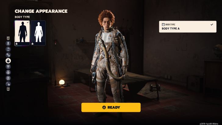A character customization screen from the game 'Starfield' shows a player selecting 'Body Type A' with a spacesuit-wearing character and a 'READY' button highlighted.