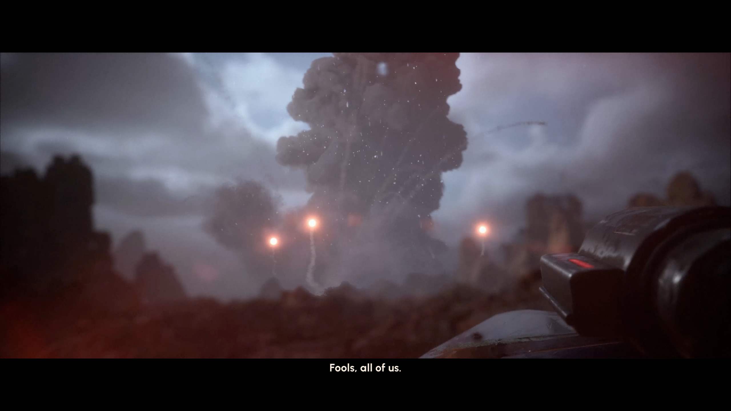 A cinematic scene from a video game shows explosions in the sky with the subtitle 'Fools, all of us.'