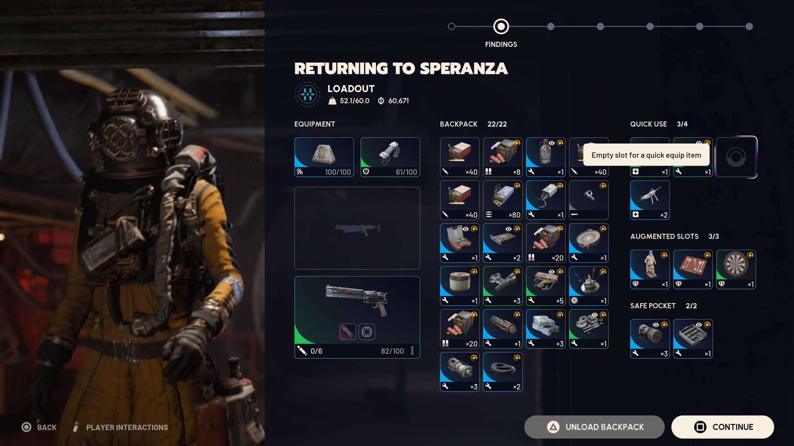 A character in the game 'Starfield' is viewing their inventory and loadout screen with the title 'Returning to Speranza.'