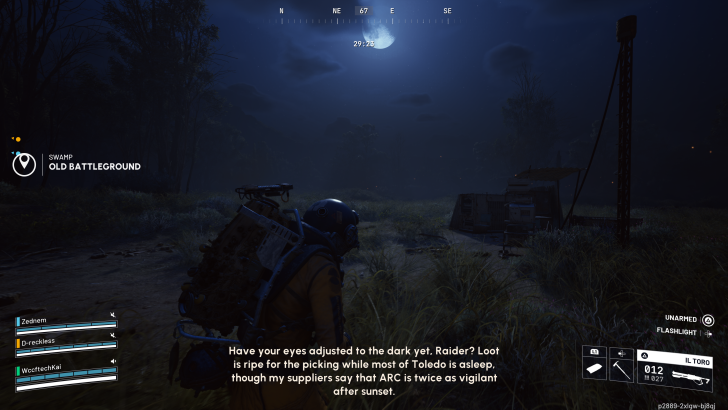 A character in a game scene titled 'Swamp Old Battleground' explores a dark, grassy environment with text warning about increased vigilance after sunset.