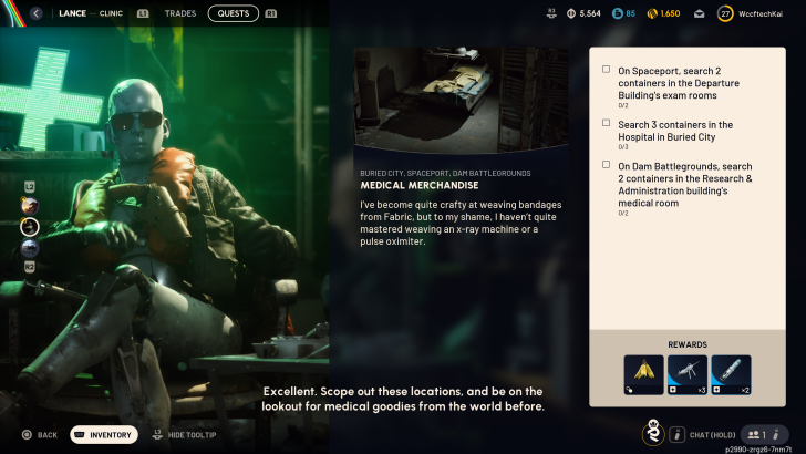 The game interface of 'Lance' shows a character in a clinic wearing sunglasses and a life vest, with a quest titled 'Medical Merchandise' requiring the player to search containers for medical supplies in various locations, alongside inventory and rewards options.