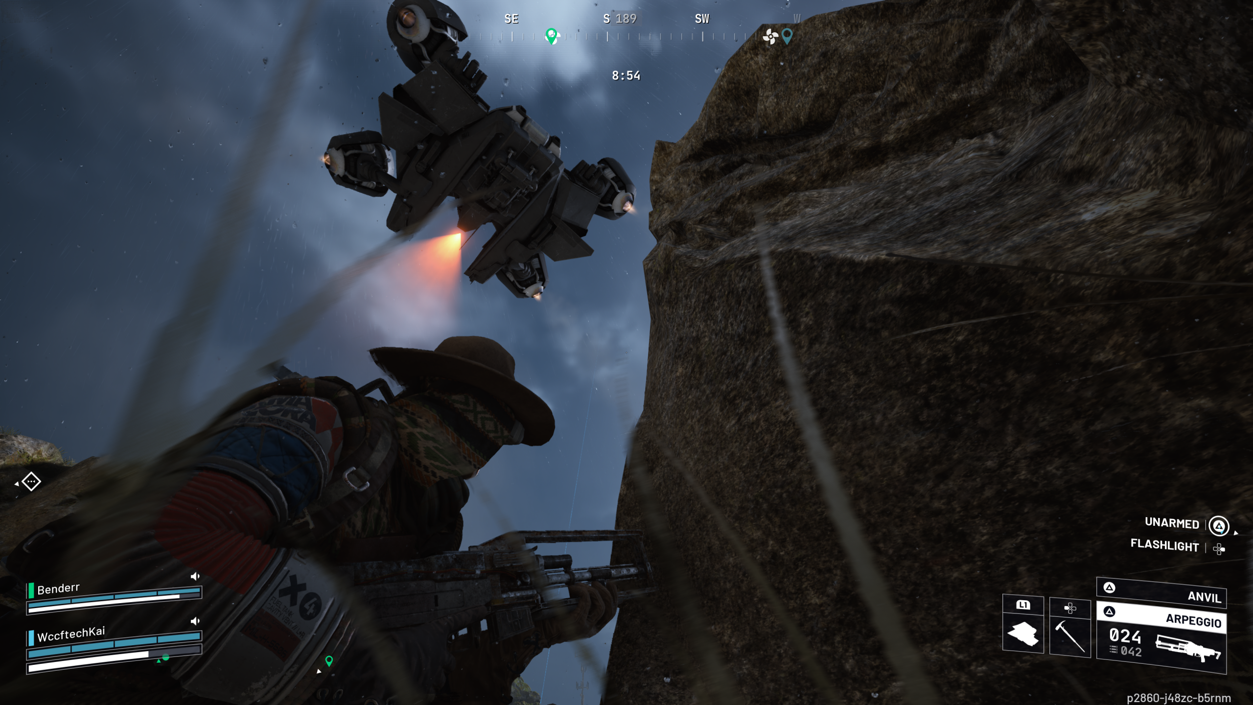 A character in 'Starfield' crouches near a rock wall with a hovering spaceship above, accompanied by on-screen teammate labels 'Benderr' and 'WccftechKai'.