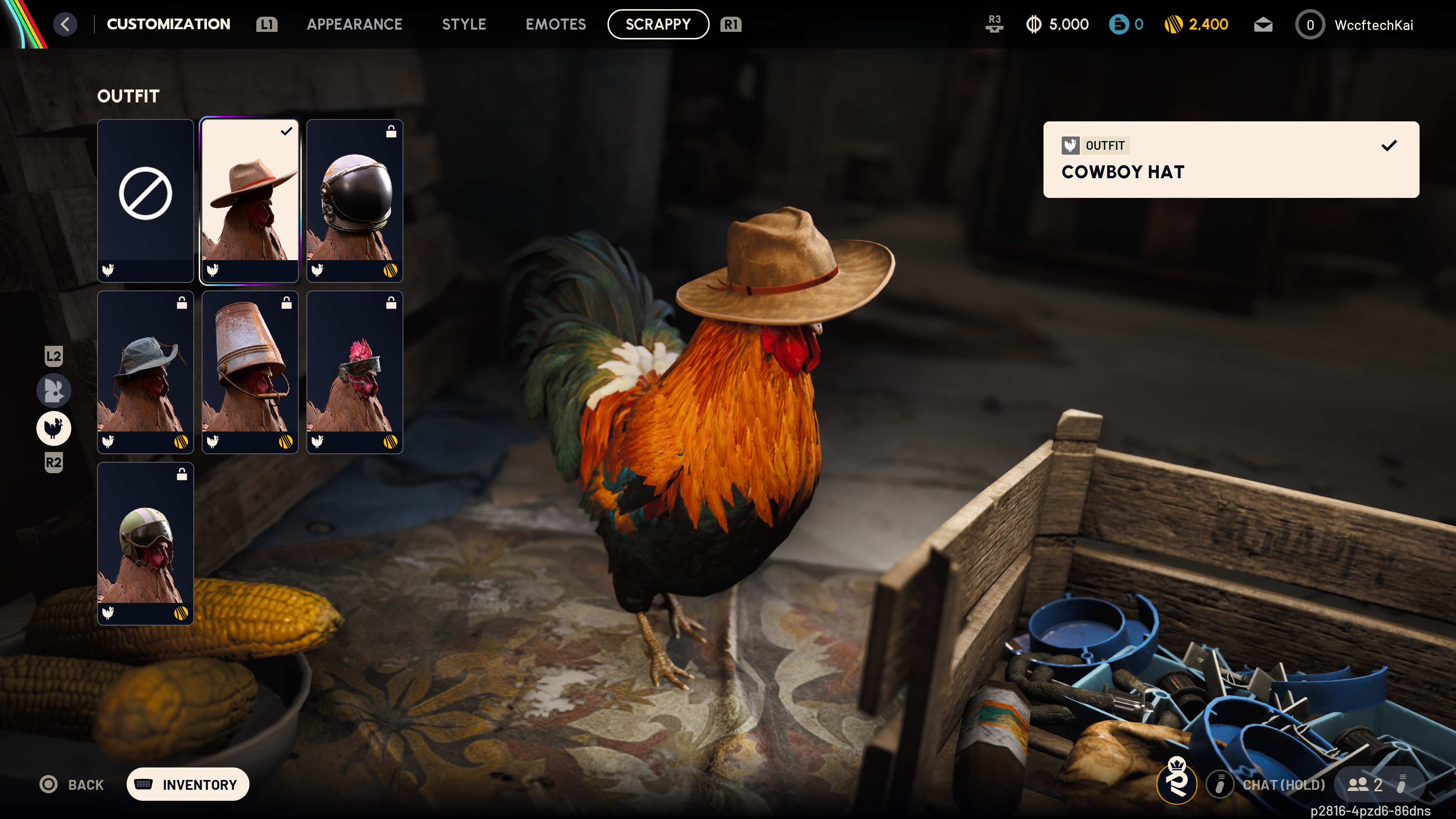 A customization menu in a game features a rooster wearing a 'Cowboy Hat,' with various other outfit options displayed.