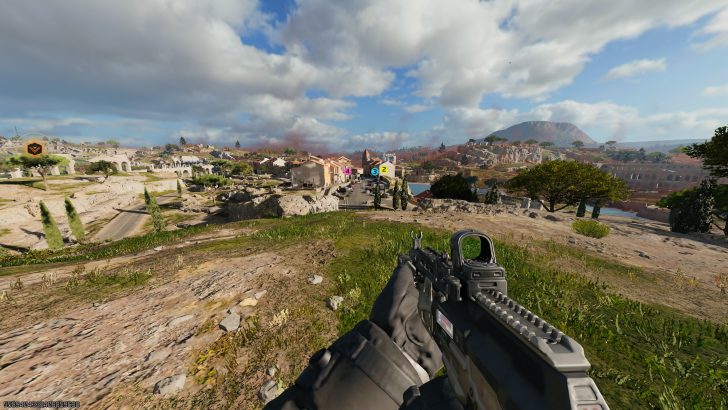 A first-person view in the game Battlefield showing a soldier holding a rifle while approaching a village with on-screen markers labeled 'A,' 'B,' and '4.'