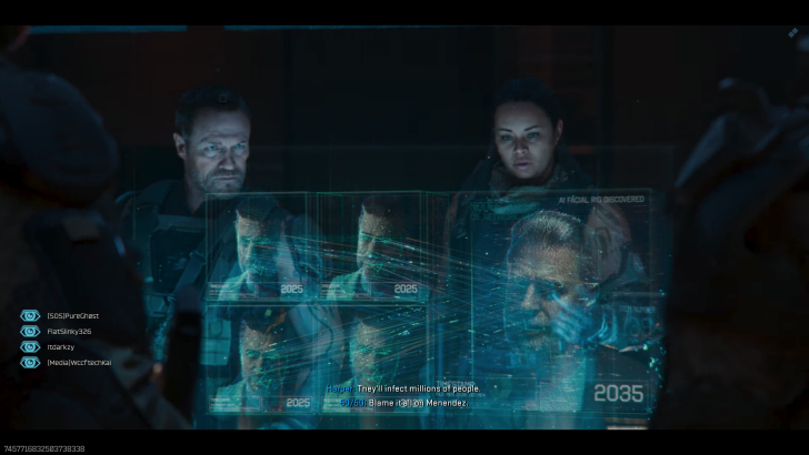 Two characters in a futuristic setting analyze holographic images of a man's face with timestamps from '2025' and '2035,' featuring on-screen text 'They'll infect millions of people' and 'Blame it all on Menendez.'