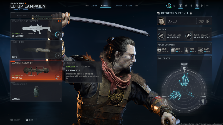 A character from Black Ops 7: Co-Op Campaign holding a sword, with a loadout screen displaying the 'X9 Maverick' assault rifle, 'Knife,' 'AAROW 109' launcher, and 'Semtex,' and showing a profile for Operator Takeo with combat rating 19.