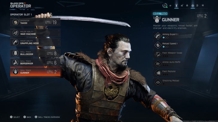 A character selection screen from 'Black Ops 7 Operator' features 'Takeo' with a combat rating of 19, showcasing abilities like 'War Machine' and 'Grappling Hook' alongside various skill tracks including 'Gunner' with a combat rating of 2.