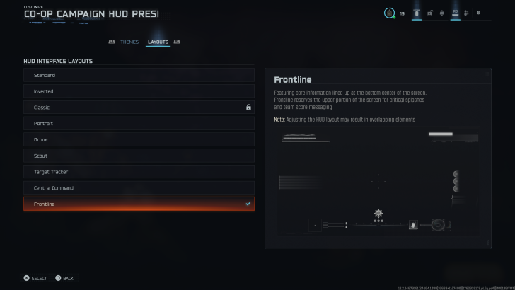 The screen displays a 'Co-Op Campaign HUD' customization menu showing various 'HUD Interface Layouts' with 'Frontline' selected, described as featuring core information at the bottom center of the screen.