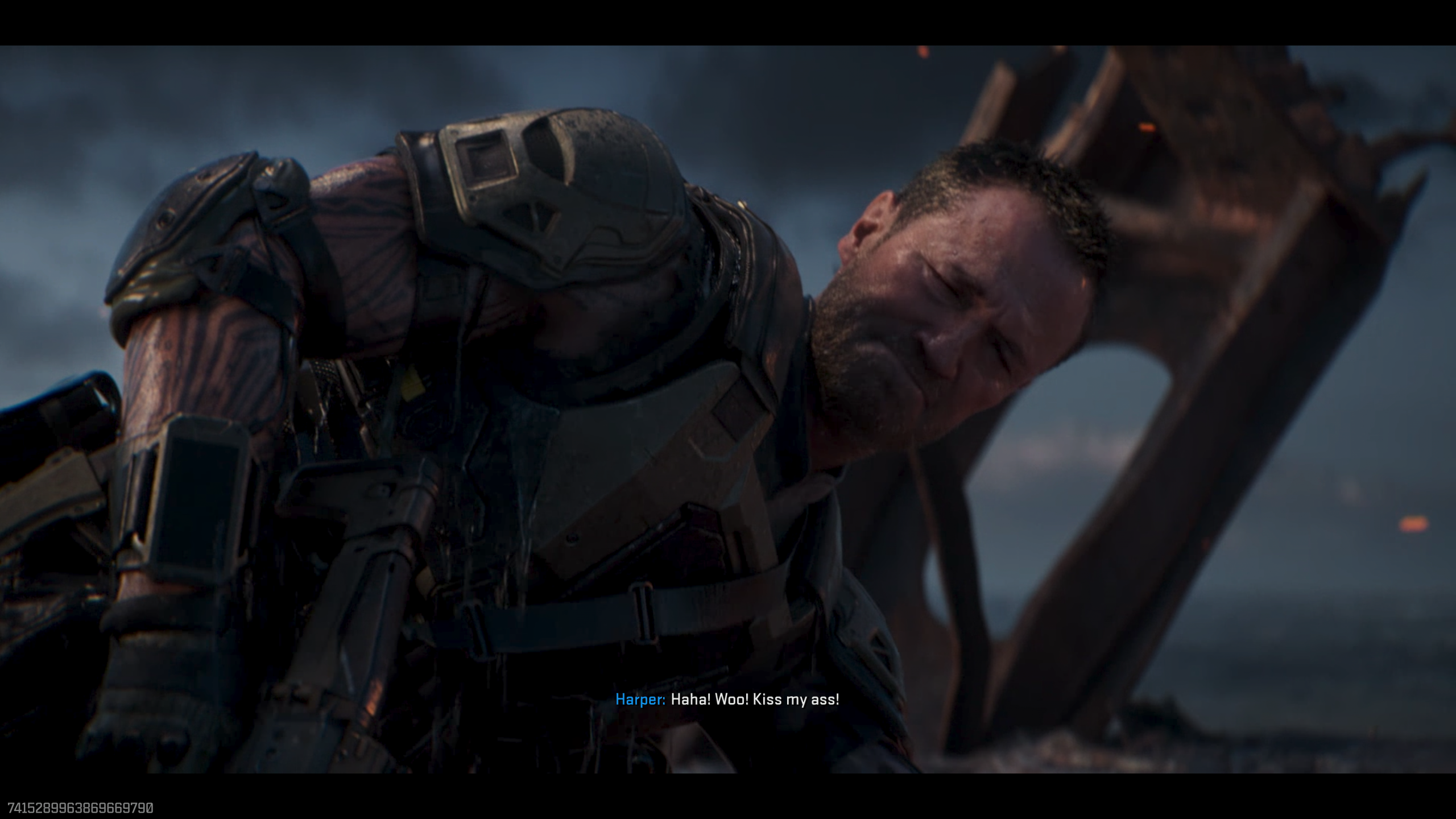 A character in a rugged, armored suit with a tattooed arm smirks in a battlefield setting, with on-screen text from Harper saying, Haha! Woo! Kiss my ass!