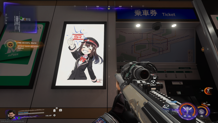 A first-person shooter game interface shows a player aiming a rifle at a subway ticket machine, with an anime character poster displaying 'SR' on the adjacent wall.