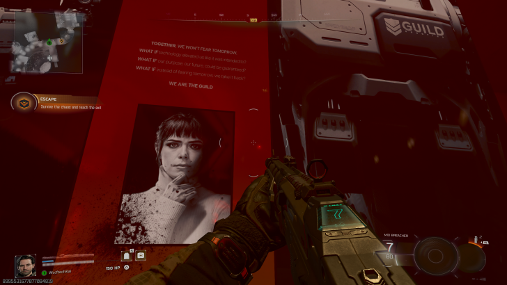 A first-person view in a game shows a gun titled 'M10 BREACHER' with an objective to 'Survive the chaos and reach the exit,' alongside a Guild logo and motivational text reading, TOGETHER, WE WON'T FEAR TOMORROW.