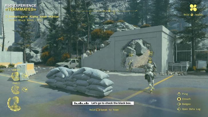 A gameplay scene from R&D Experience shows a player character and teammates identified as Sofia and Pablo advancing towards a damaged structure, with on-screen text stating 'Let's go to check the black box.'