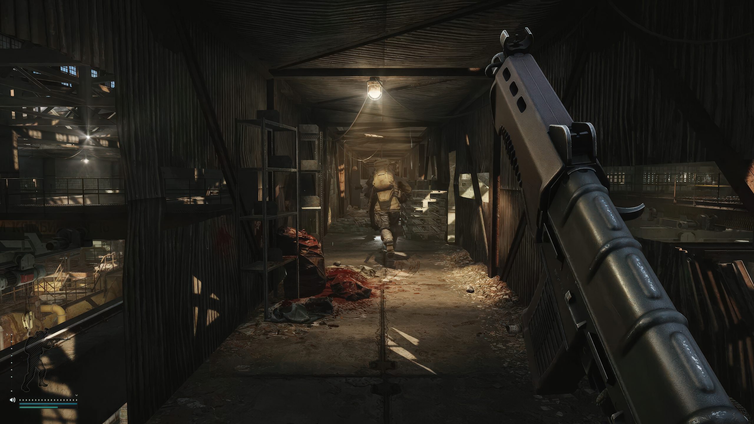 A first-person shooter game scene shows a character in a dimly lit industrial corridor aiming a rifle while another character in tactical gear moves ahead.