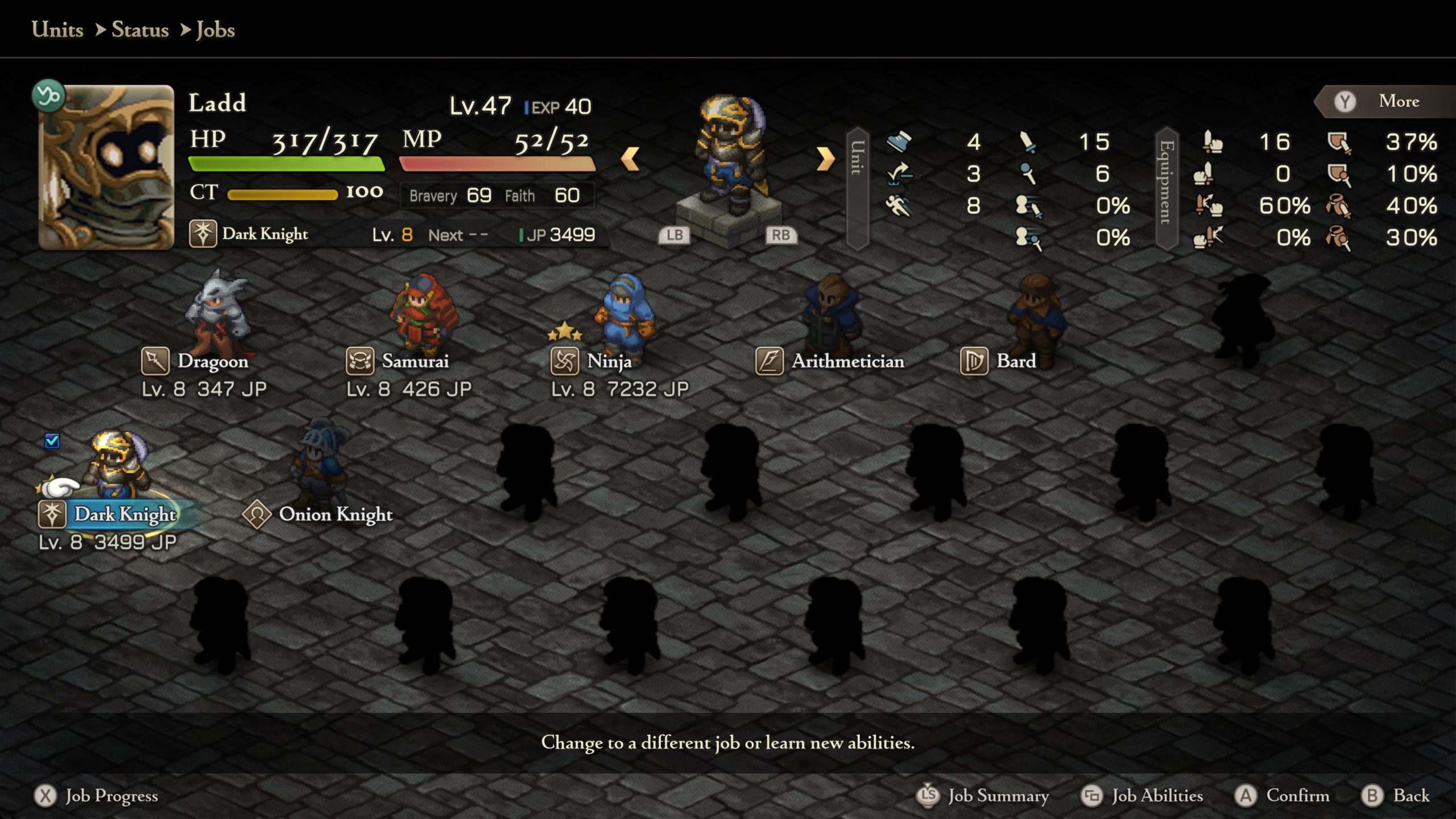 The image shows a game interface of 'Final Fantasy Tactics' with the character Ladd as a Level 47 Dark Knight, showcasing job options including Dragoon, Samurai, Ninja, Arithmetician, and Bard.