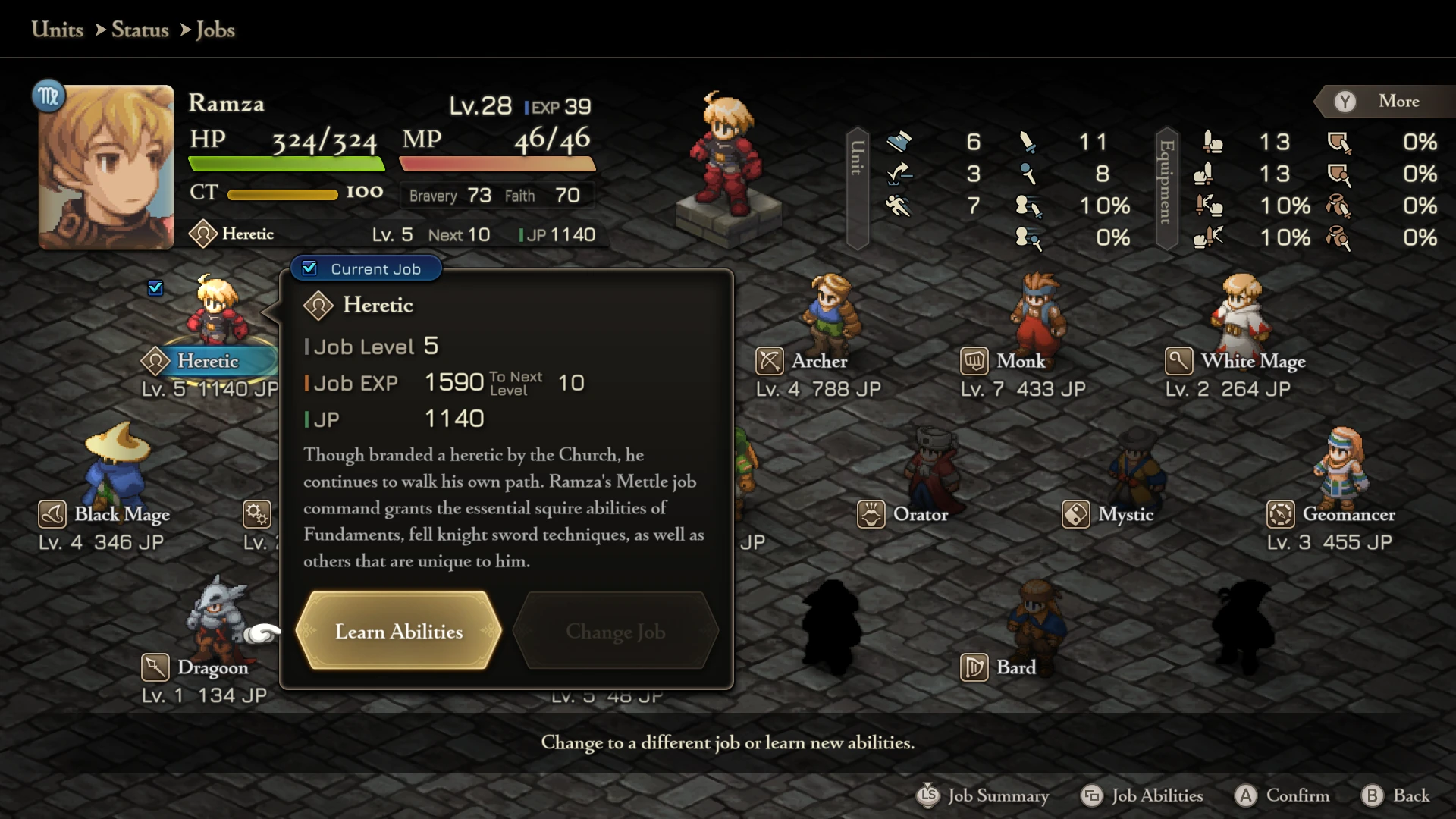 The image shows a gameplay screen from Tactics Ogre: Reborn, featuring the character Ramza as a level 28 'Heretic' with job details displayed, including 'Job Level 5,' 'Job EXP 1590,' and the option to 'Learn Abilities.'