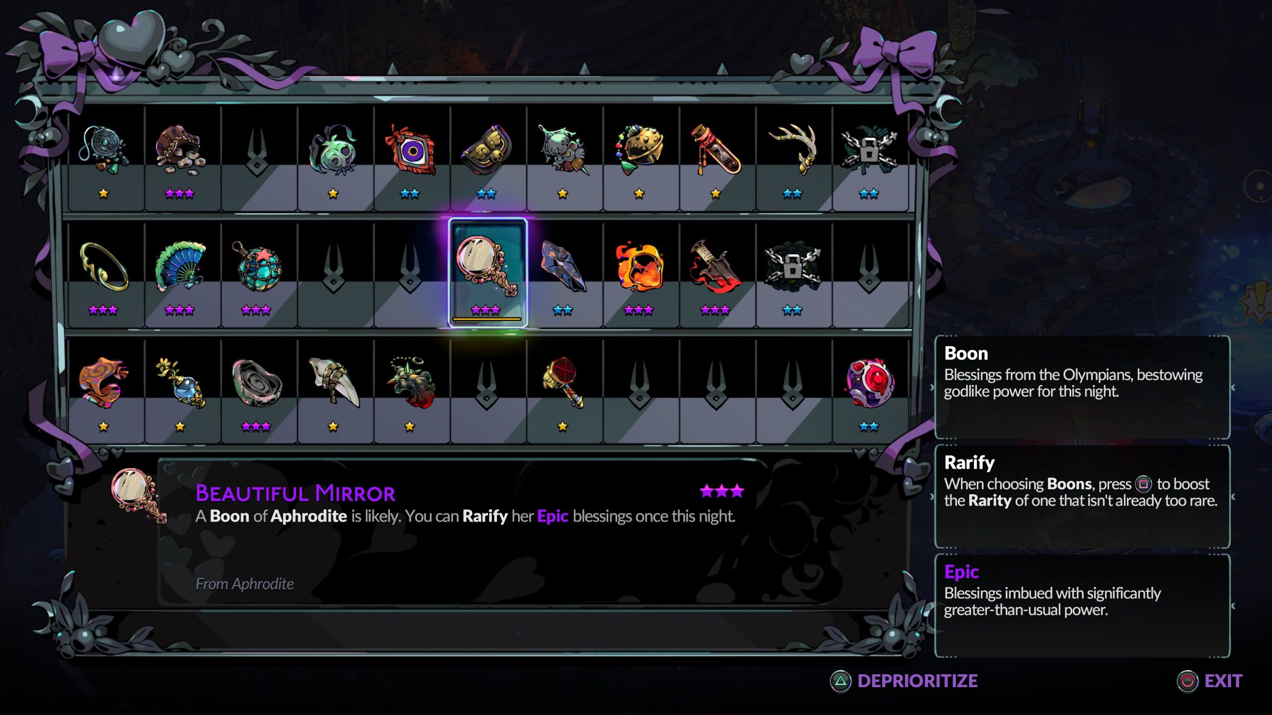 The game's inventory screen in Hades displays various items, including a highlighted 'Beautiful Mirror' with '★★★' rarity, and descriptions for 'Boon', 'Rarify', and 'Epic.'