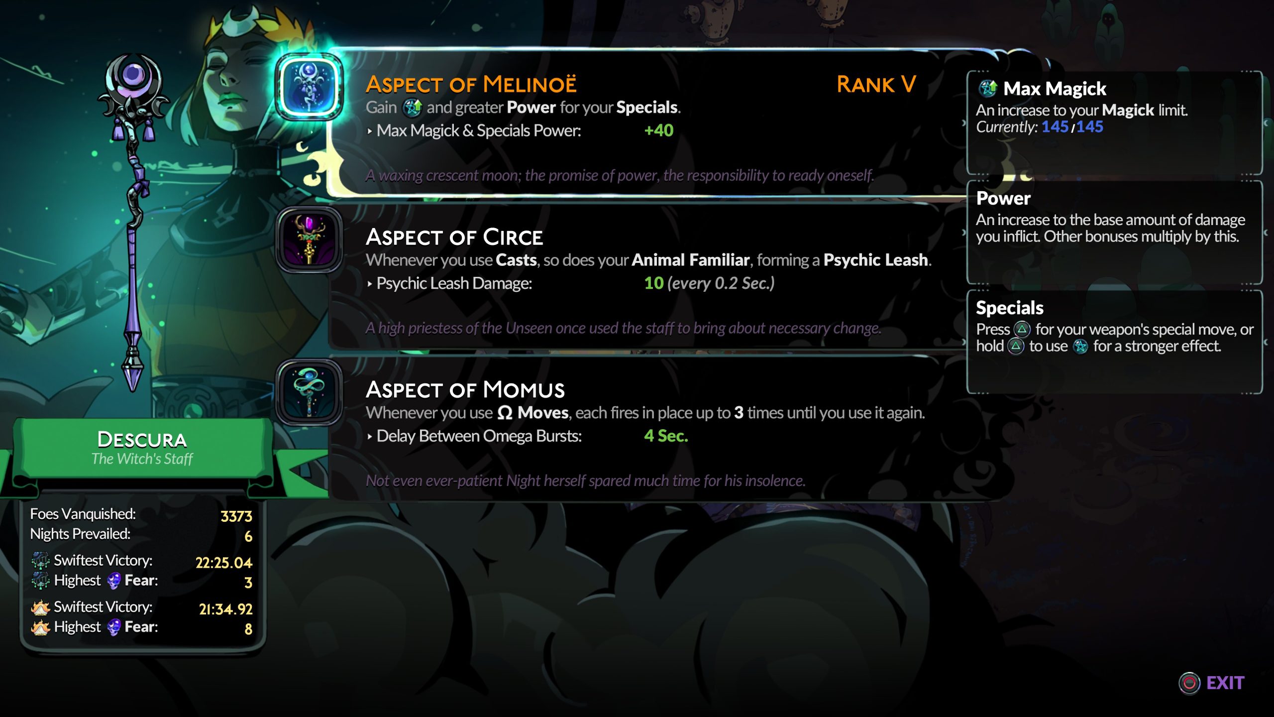 The image shows a game menu for 'Descura: The Witch's Staff' detailing aspects like 'Aspect of Melinoë,' ranked 'Rank V,' with stats including '+ Max Magick & Specials Power: +40' and 'Max Magick' at '145/145,' along with player stats such as 'Foes Vanquished: