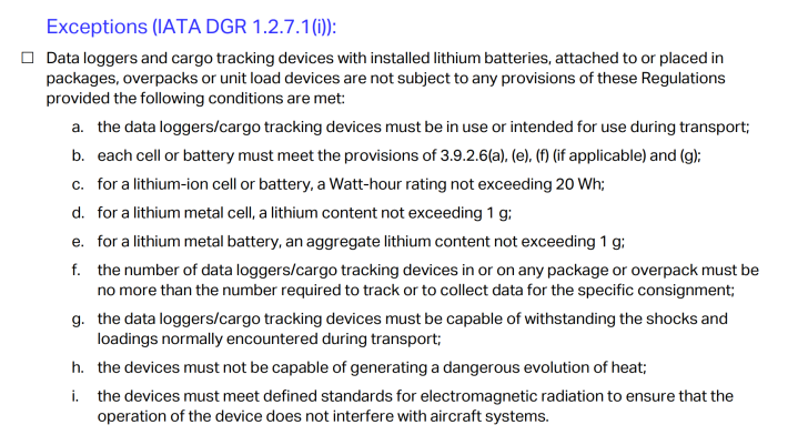 The image shows an excerpt titled 'Exceptions (IATA DGR 1.2.7.1(i))' detailing conditions for data loggers and cargo tracking devices with installed lithium batteries to be exempt from certain regulations during transport.