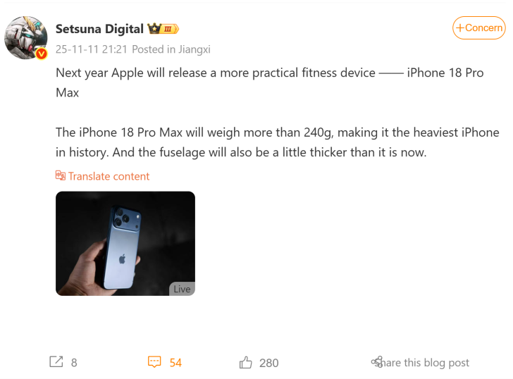 A hand holding an Apple iPhone with three camera lenses on the back, depicted in a product release post mentioning an 'iPhone 18 Pro Max.'