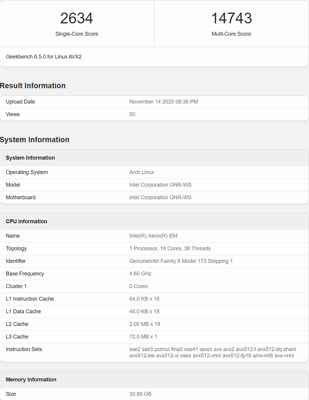 A Geekbench 6.5.0 chart for Linux AVX2 shows an Intel Xeon 654 scoring 2634 single-core and 14743 multi-core, running on Arch Linux with 1 processor and 36 threads at 4.60 GHz.
