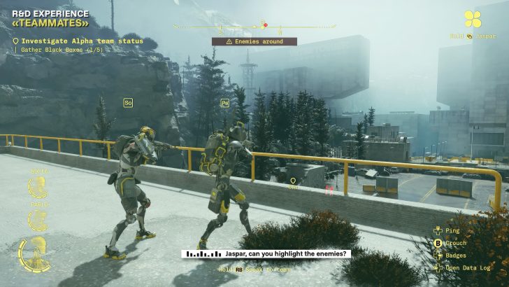 In a sci-fi video game, a robotic character labeled 'So' aims a weapon while text reads 'Enemies around,' with a prompt stating 'Jaspar, can you highlight the enemies?'