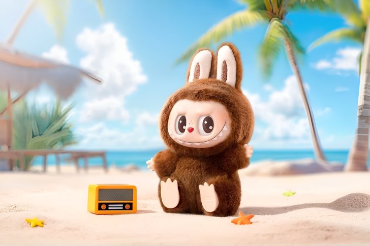 A fluffy toy dressed as a bunny stands on a sunny beach beside a small, yellow radio.