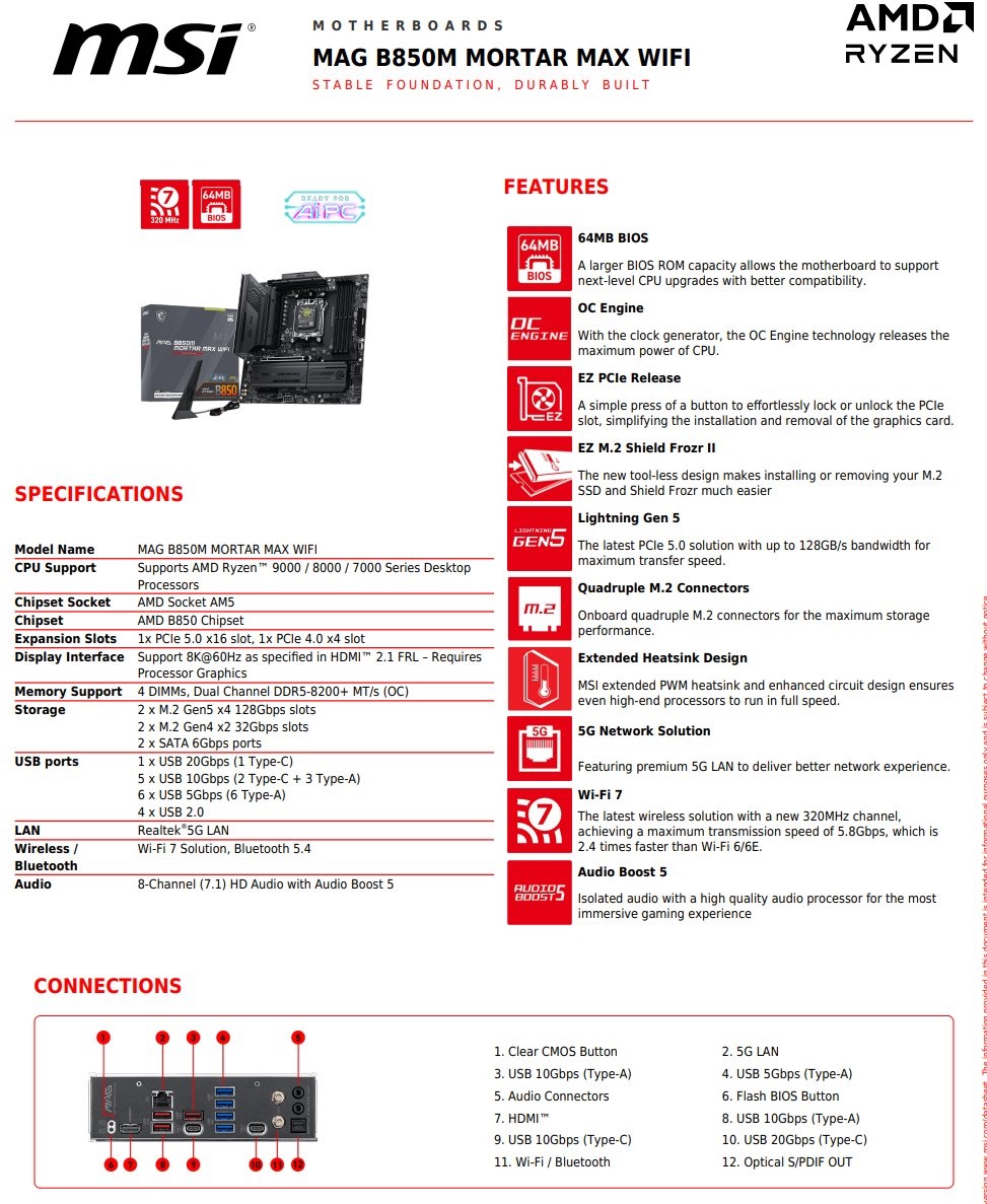 The MSI MAG B850M Mortar Max WiFi motherboard features AMD B850 chipset, supports AMD Ryzen 7000 series, includes 2 M.2 Gen4 slots, five USB 10Gbps ports, Wi-Fi 7, and Realtek 5G LAN.