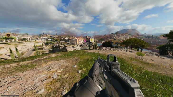 A player in Call of Duty: Modern Warfare III holding a rifle in a wide landscape view with markers labeled '4' and '2' in the distance.