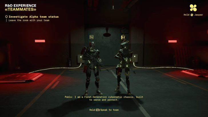 Robotic characters stand in a dimly lit room in the game 'R&D Experience: Teammates' with the task to 'Investigate Alpha team status' displayed on screen.