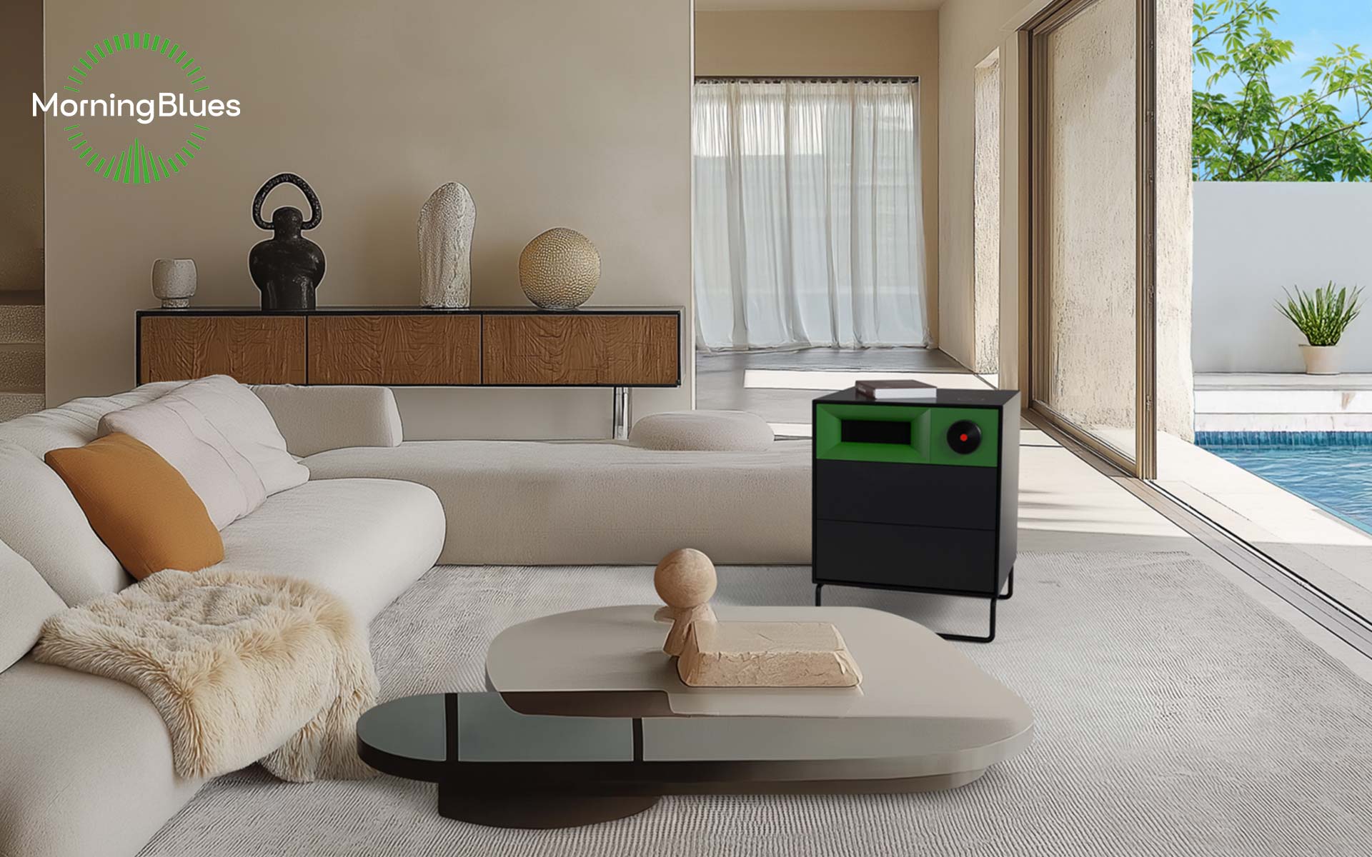 A modern living room with a beige sectional sofa, decorative sculptures on a wooden console, a pool visible through large windows, and a black and green appliance with a circular feature; the corner displays the text 'MorningBlues'.