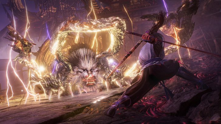 A character battles a large, glowing, spider-like monster in the game Wo Long: Fallen Dynasty with dramatic lightning effects illuminating the scene.