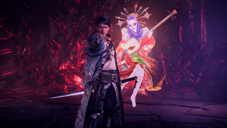 A character in 'Final Fantasy XVI' stands with a sword, pointing forward, beside a brightly colored, mystical figure holding a stringed instrument.