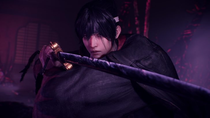 A character from Rise of the Ronin intensely wielding a katana in a dimly lit setting.