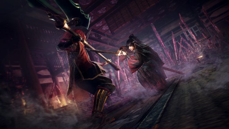 A scene from the game 'Nioh,' showing two samurai characters in combat within a misty, wooden temple environment.