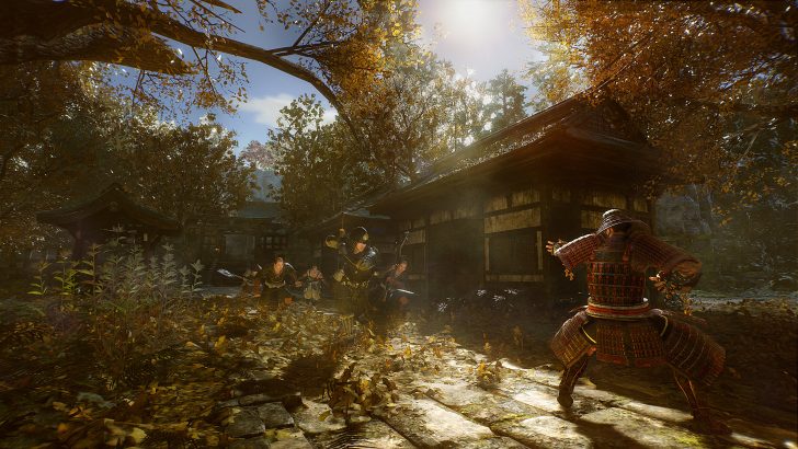 A scene from the game Nioh shows a samurai in armor facing multiple approaching enemies in a forested area with traditional Japanese architecture in the background.