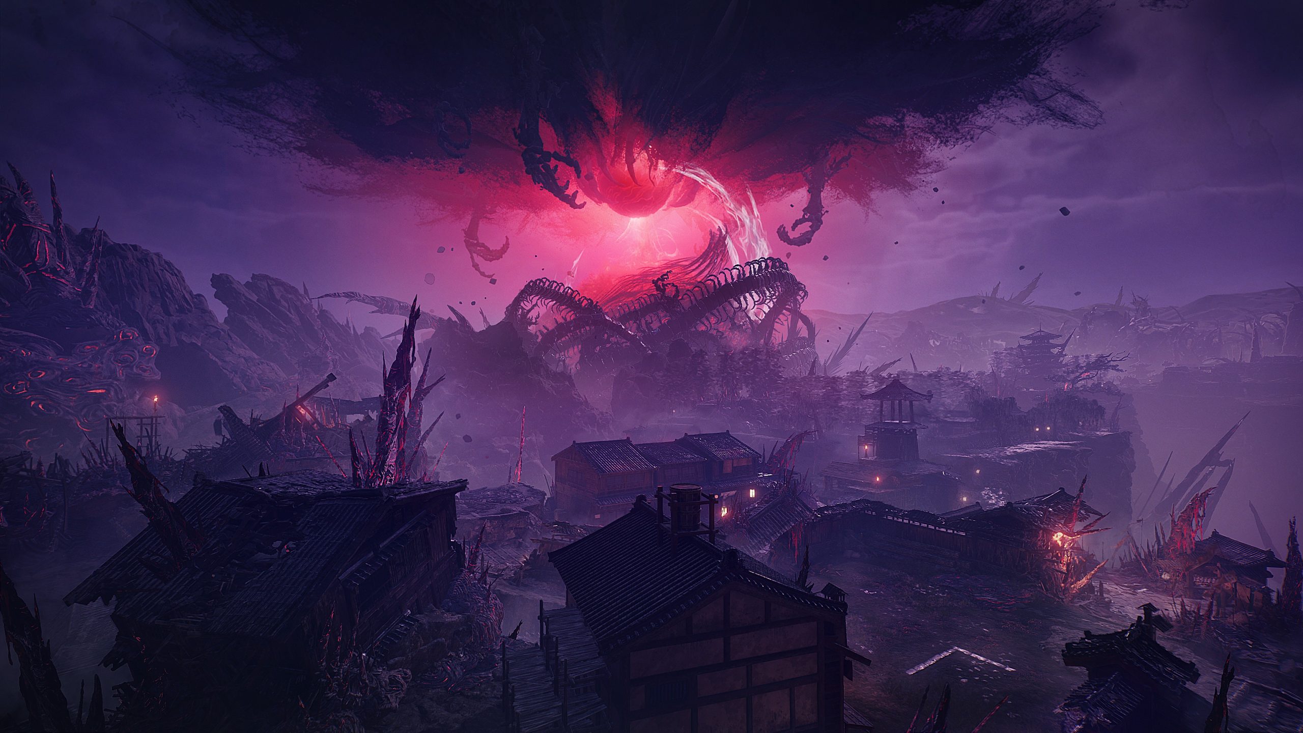 A dark, fantasy village scene under a stormy sky with a large, ominous red vortex and tentacle-like structures in the background, from a video game environment.