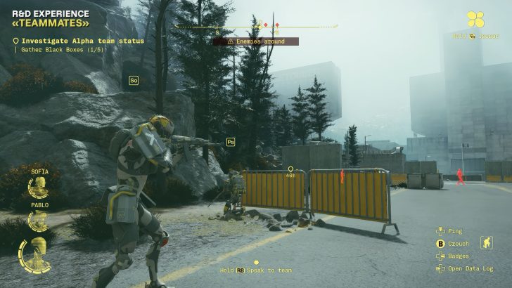 A character in 'Starfield' aiming their weapon while the objective 'Investigate Alpha team status' and the alert 'Enemies around' are displayed on screen.