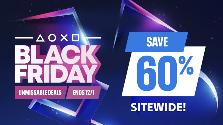A PlayStation-themed graphic promoting 'Black Friday' with the text 'Unmissable Deals Ends 12/1' and 'Save 60% Sitewide!'.