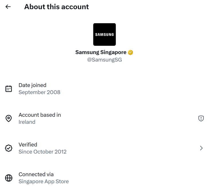 The 'About this account' page displays details for 'Samsung Singapore,' including a join date of September 2008, an account base in Ireland, and verification since October 2012, connected via 'Singapore App Store.'