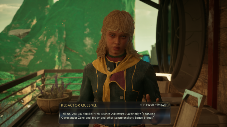 Redactor Quesnel from The Protectorate asks about Science Adventures Quarterly on a balcony with mountains in the background.