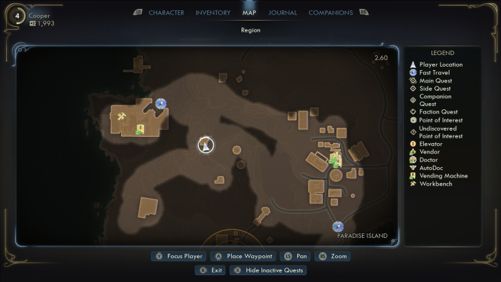 Map screen in a game with legend showing various icons like Player Location and Vending Machine on Paradise Island.
