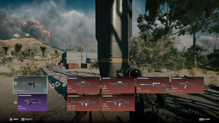 A first-person shooter game interface shows a weapon selection screen with rifles such as 'MINI SCOUT,' 'SG 553R,' and 'M4A1 FACTORY' available against a detailed outdoor landscape.