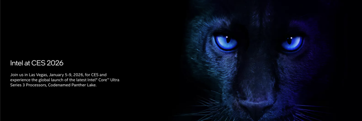 A close-up of a panther's face with a blue eye next to the text 'Intel at CES 2026' announcing the global launch of Intel Core Ultra Series 3 Processors, codenamed Panther Lake, in Las Vegas, January 5-9, 2026.
