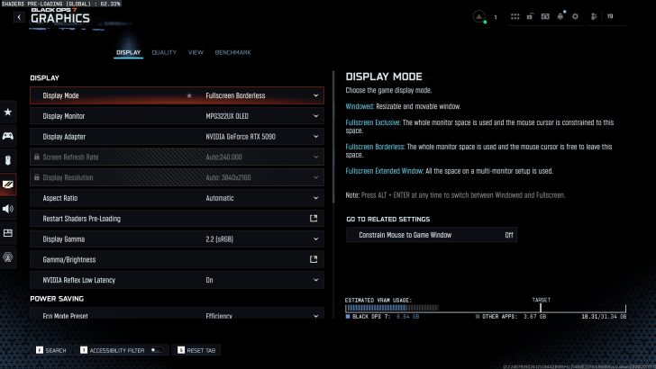 The display settings for Black Ops 7 show 'Fullscreen Borderless' mode on an MPG322UX OLED monitor with an NVIDIA GeForce RTX 5090 adapter and a '3840x2160' resolution.