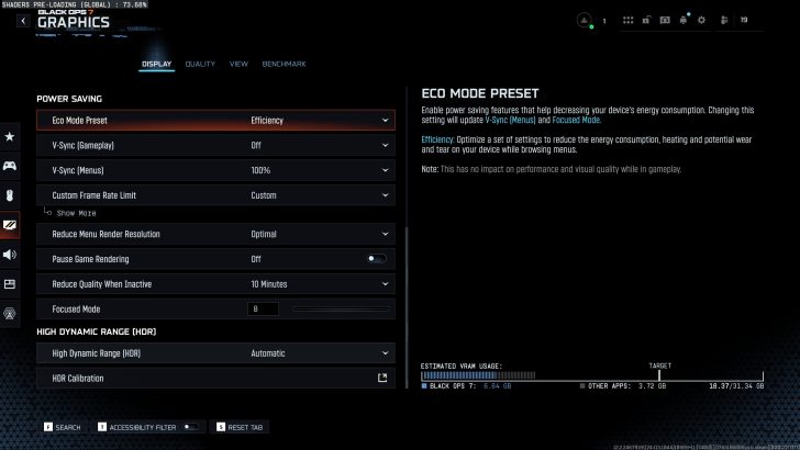 Graphics settings menu in 'Black Ops 7' showing power-saving options with 'Eco Mode Preset' set to 'Efficiency' and its description, alongside estimated VRAM usage.