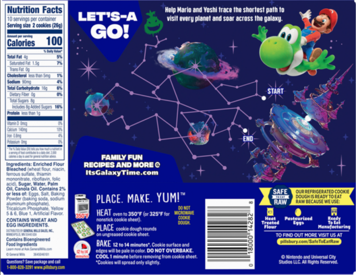 A Pillsbury cookie package featuring Mario and Yoshi on a bright galaxy-themed background with baking instructions and nutrition facts, and the text 'LET'S-A GO!'.