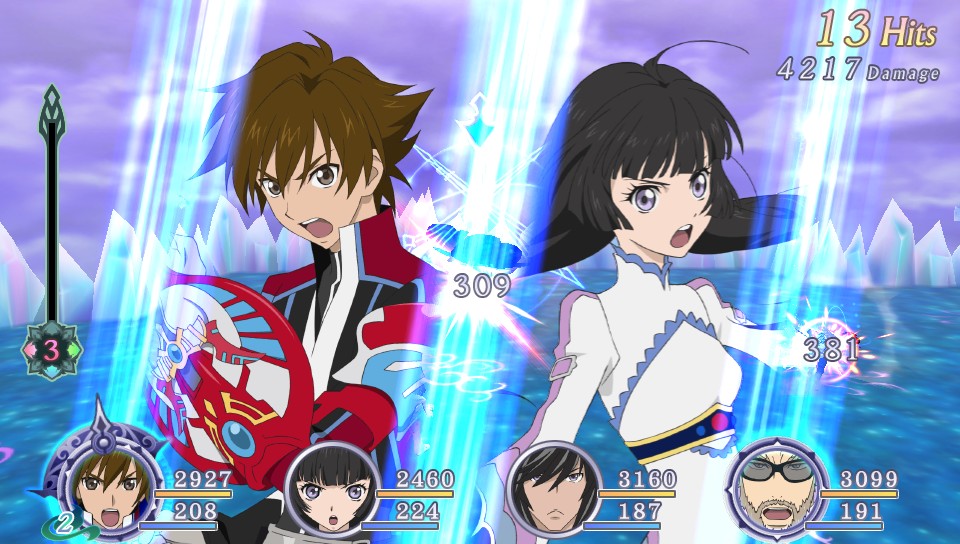 Two characters in 'Tales of Hearts R' are performing special attacks with visible damage numbers '309' and '381', and a combo meter reading '13 Hits'.
