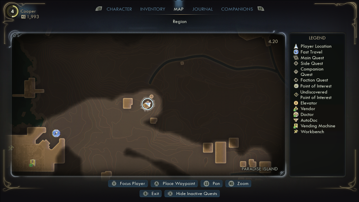 Map interface with player location marked, labeled Paradise Island, features buttons for focus, waypoint, pan, and zoom.
