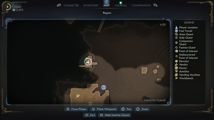 Game interface showing a map titled “Region” with “Paradise Island” and a legend detailing icons for various quests and locations.